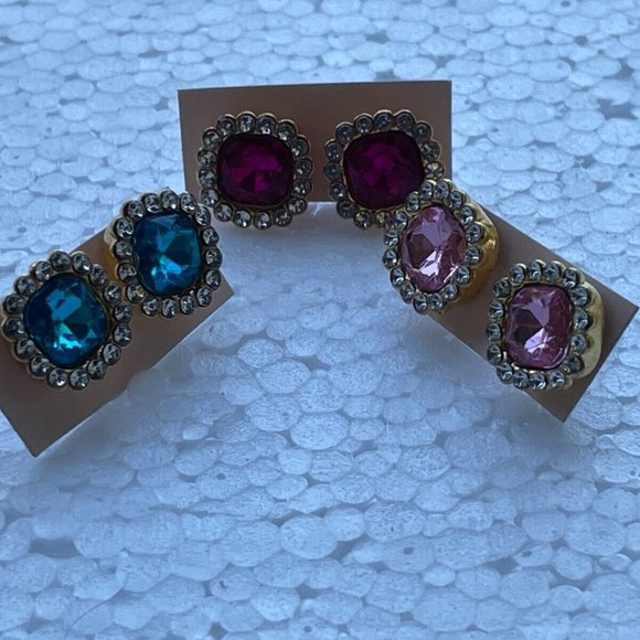 Lot of 3 Stud Earrings Crystal Accent Ear Jewelry Fashion Earrings Pink Red Blue - Picture 4 of 9